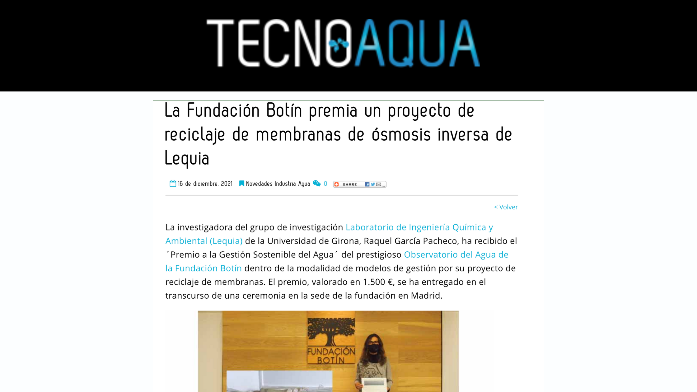 Captura noticia premio fundación botín en TECNOAGUA