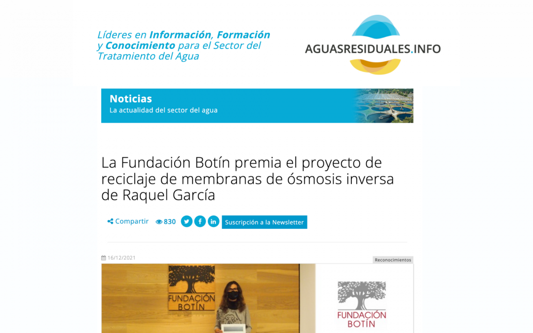 Prensa: Fundación Botín premia el proyecto de reciclaje de membranas de ósmosis inversa de Raquel García